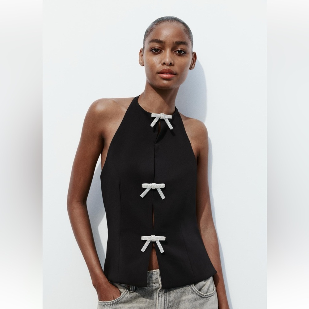 ZARA JEWEL BOW HALTER TOP